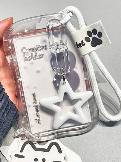 1个2D可爱星星吊坠卡套，带挂绳 | 纤细腰身设计，适用于学生、教师、上班族，可保护身份证、信用卡、公交卡等，按扣闭合，结实耐用，防尘，加固ABS材质