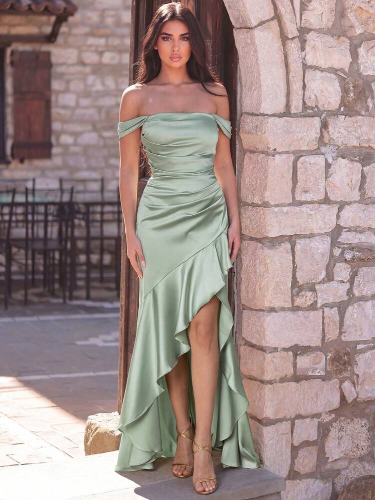 Vestido de noche formal con un hombro, volantes asimétricos, adecuado para invitados de boda, galas formales, banquetes y cenas de alta gama - verde menta - Añade 3