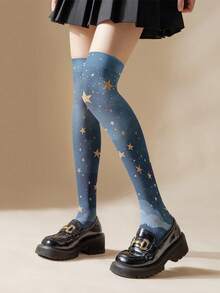 1/2 Pairs Thin 3D Printed Gold Star & Night Sky Pattern Over-The-Knee Socks - Romantic Starry Sky Design, Showcasing Elegance And Mystery | 360 Digital Printing Over-The-Knee Socks - Multicolor - View 4