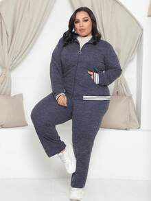Women's Plus Size River Knit Set - Elegant And Comfortable Zipper - Home & Vacation - 藏蓝色 - 查看 2