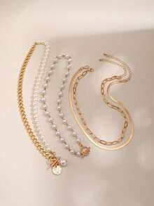 4pcs/Set Elegant Geometric Chain, Faux Pearl, Water Drop, Coin Charm Pendant Necklace Set, Luxurious Jewelry For Wedding, Party, Vacation, Daily Casual, Street Style, Women & Couples Gift - Gold - View 5