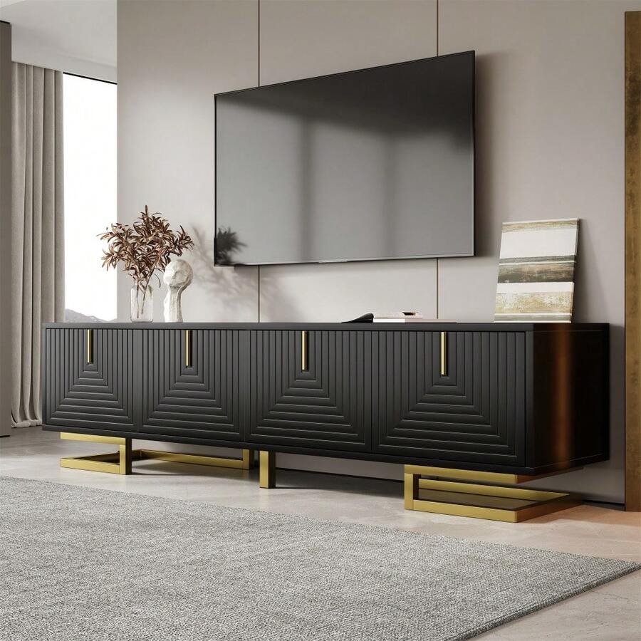 TV Stand With Textured Doors, TV Furniture, Gold Handles And Gold Legs - 黑色+刨花板 - 查看 1