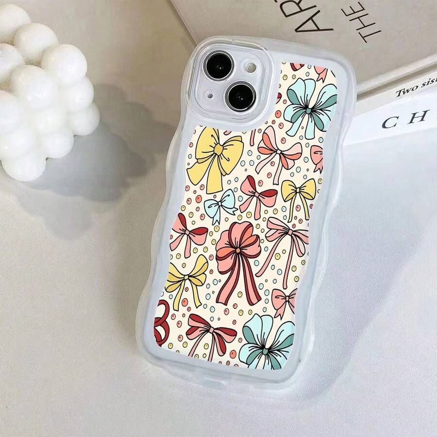 1pc Transparent Wave Shaped Protective Phone Case With Bowknot & Polka Dot Pattern, Suitable For Daily Use Compatible With IPhone17Air/17pro/17promax/17/16e/16/15/14/13/12/11/X/Xr/8/7/GalaxyA14/A15/A54/S24/S24Ultra Series - Clear - View 1