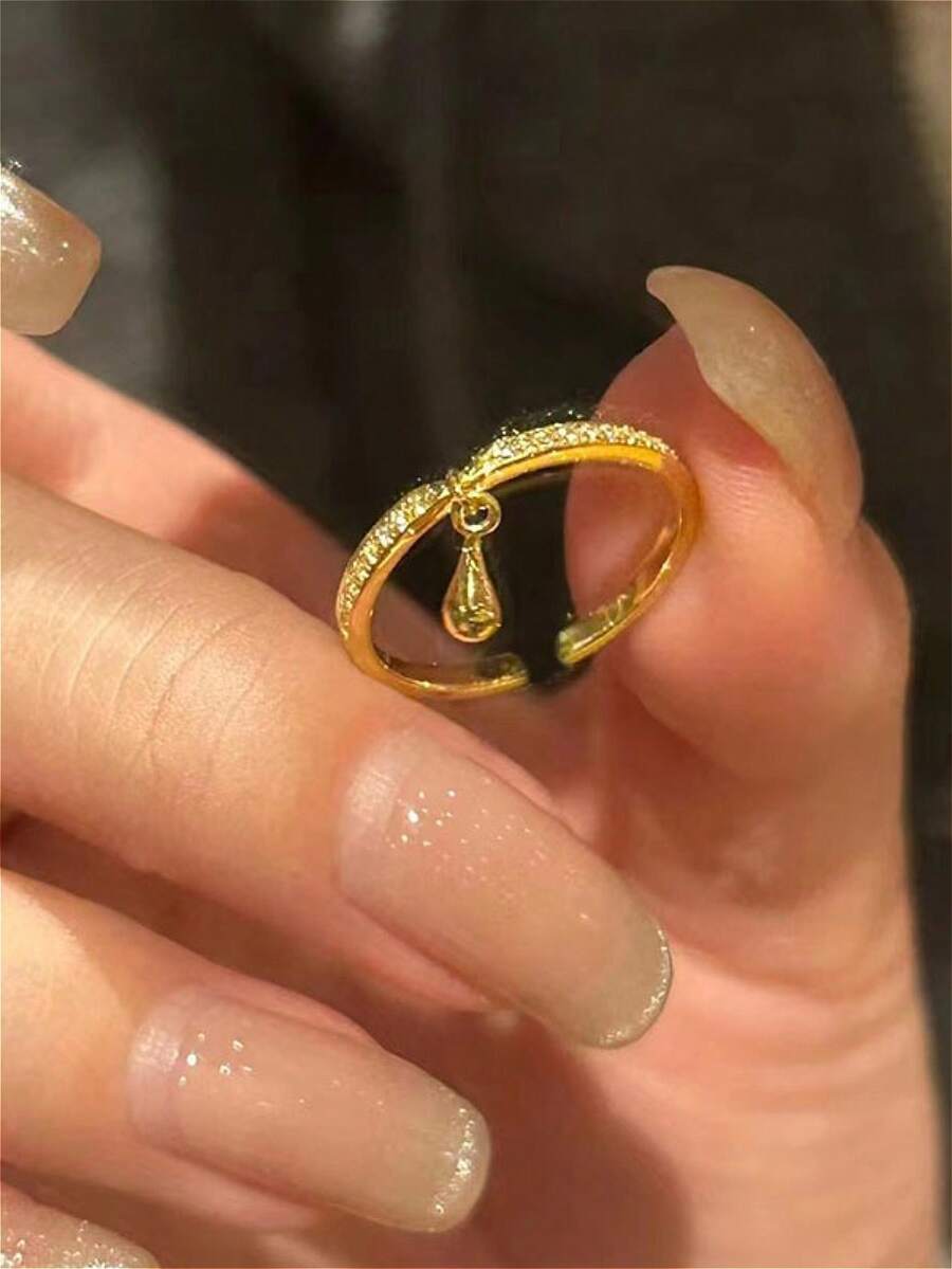1枚优雅时尚欧美铜镶嵌锆石水滴吊坠戒指，多功能可调节指节戒指，适合日常休闲佩戴 - 彩色 - 查看 1