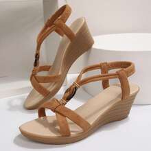Open Toe Comfy Casual Summer High Heels Platform Wedges Sandals For Women Dressy Breathable Beach Shoes Bohemian - 棕色 - 查看 3