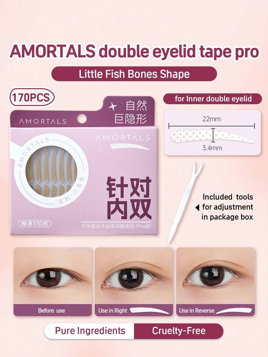 Amortals 170Pcs Fishbone Double Eyelid Tape For Inner Double Lids – Thin Skin-Mimic Matte Invisible Strips, Waterproof Sweatproof, With Applicator, Natural Eye Lift Makeup For Beginners & Artists, Viral Trending Eye Beauty Tool - Nude - View 1