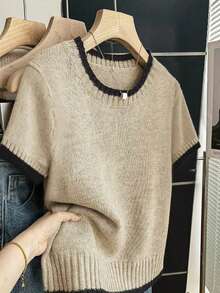 Contrast Color Knitted Ribbed Plus Size Women Clothing, Spring/Summer - Maroon - View 2