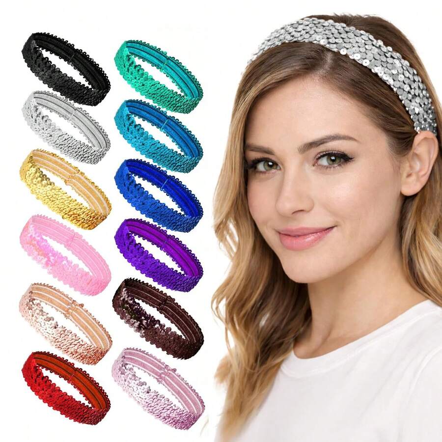 1/6/12/24pcs Sequin Headbands Elastic Headbands Suitable For Girls, Kids, Women, 80s 20s Disco Party, Cute Princess Headbands - Multicolor - View 1