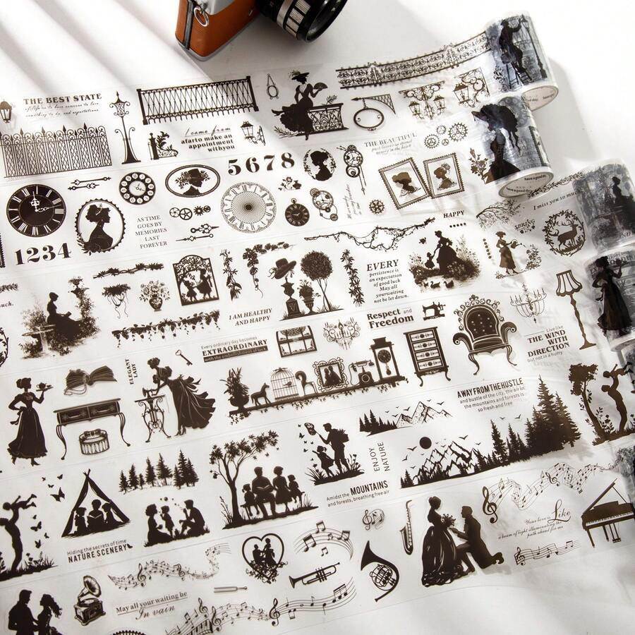 1 Cuộn băng dính trang trí Washi Tape 2M chủ đề hình bóng, nhãn dán thẩm mỹ cổ điển sáng tạo, vật liệu thủ công trang trí DIY, quà tặng ngày lễ, đồ dùng học tập cá nhân hóa cho sổ lưu niệm.