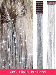 Hair Tinsel Kit Glitter Hair Tinsel Clip In Sparkling Shiny Fairy Hair Tinsel Hair Extensions For Halloween Christmas Party 22 Inch Pink 6PCS/PACK - Bạc - Xem 2
