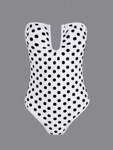 时尚波点镂空连体泳衣 2026 女士深U领褶皱抹胸泳装，适合夏季海滩度假，可拆卸肩带 - 白色 - 查看 7