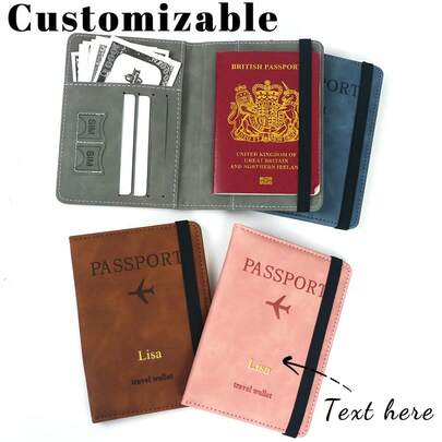 Personalizado con nombre: Tarjetero de cuero PU con diseño personalizado de letras mayúsculas y minúsculas en grabado dorado, Portapassaporte, Bolso para pasaporte con radiofrecuencia inalámbrica, Cartera de viaje, Bolsa multifuncional para tarjeta de identificación para viajes y viajes de negocios, Portador de tarjeta de pasaporte, Monedero cero
