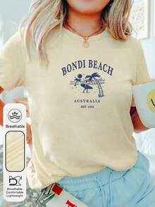 Áo thun nữ cỡ lớn cổ tròn tay ngắn in hình Bondi Beach, kiểu dáng thường ngày, thích hợp mặc mùa hè, thời trang và đa năng, màu mơ, thích hợp cho kỳ nghỉ. - Màu be - Xem 3