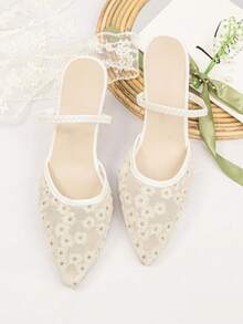 2026 Spring New White Mule Heels, Women's Pointed Toe Lace Embroidered Slip-On Sandals, Elegant Ladies High Heels, Suitable For Elegant Party And Wedding - White - View 6