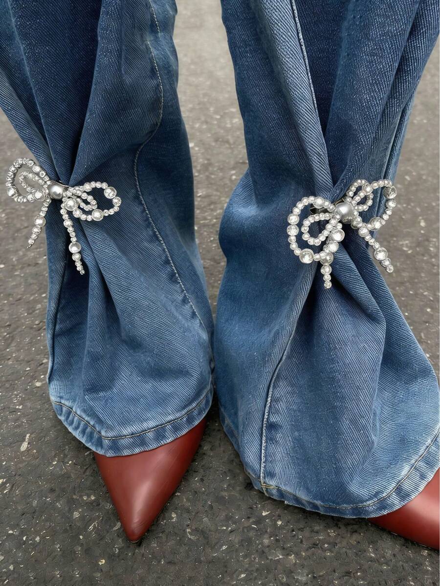 2件套仿珍珠蝴蝶结腿链装饰，时尚金属胸针裤腿配饰，多功能女士胸针别针 - 銀色 - 查看 1