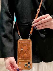 1pc Minimalist Wristlet Wallet Card Holder Phone Case Compatible With IPhone 7-17 Plus Models - Brown - View 1