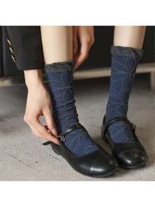 5双装女士藏蓝色复古中筒袜，经典休闲款式，适合秋冬季日常穿着 - 彩色 - 查看 5