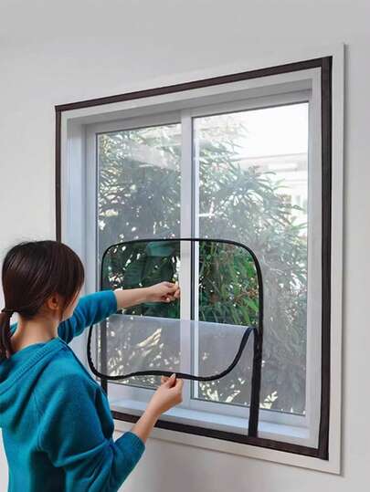 1 peça, tela mosquiteira em formato de U com zíper, autoadesiva e reutilizável para janelas, tela antimosquito para janelas, tule, malha lavável para o verão, tela mosquiteira invisível de fibra de vidro preta para proteção contra mosquitos e moscas.