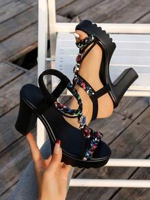 1双新款时尚女士高跟凉鞋，带串珠粗跟，适合派对和宴会穿着 - 黑色 - 查看 6