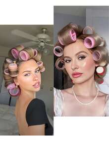 12件套自粘式卷发器套装，含12个鳄鱼夹，适用于长发、中长发、短发、浓密发质、稀疏发质，打造蓬松发型，沙龙级美发工具，DIY发型（粉色），无需加热，美发造型产品及配件，适用于理发店、美容院、返校季、旅行和度假。 - 粉色 - 查看 4