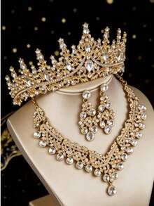1 套金色新娘首饰 - 水钻皇冠、项链、耳环（4 件）、婚礼配饰，适合新娘礼服、婚礼、派对、舞会 - 銀色 - 查看 15