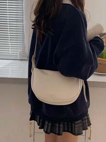 1件裝 柔軟PU皮革餃子包 經典半月形 純色極簡風 高質感女款優雅大容量多功能可調節肩帶單肩斜挎包 適合上班族學生日常通勤、外出、約會、購物 - 白色 - 查看 4