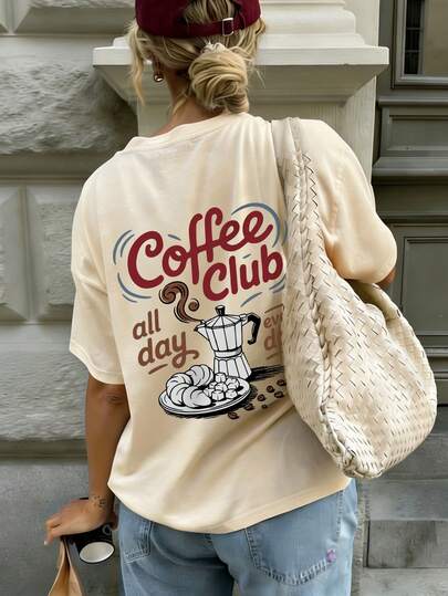 Summer New Minimalist Fashion Hand-Painted Moka Pot Coffee Utensil Letter Print Casual Round Neck Short Sleeve T-Shirt, Versatile Fashionable Blouse For Women