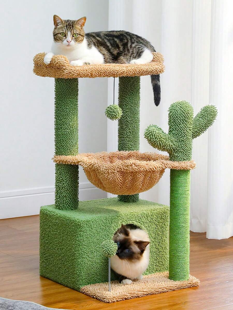 PAWZ Road 33'' Cactus Cat Tree, Cat Tower For Indoor Cats With Large Cat Condo, Cat Scratching Post For Cats With Deep Hammock& Cozy Top Perch, Green - 綠色 - 查看 1