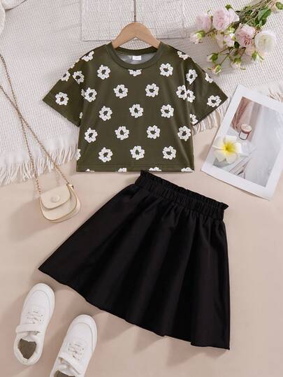 Girls' Casual Floral Print Drop Shoulder Short Sleeve Top And Solid Color Ruffle Hem A-Line Skirt 2-Piece Set, Spring/Summer