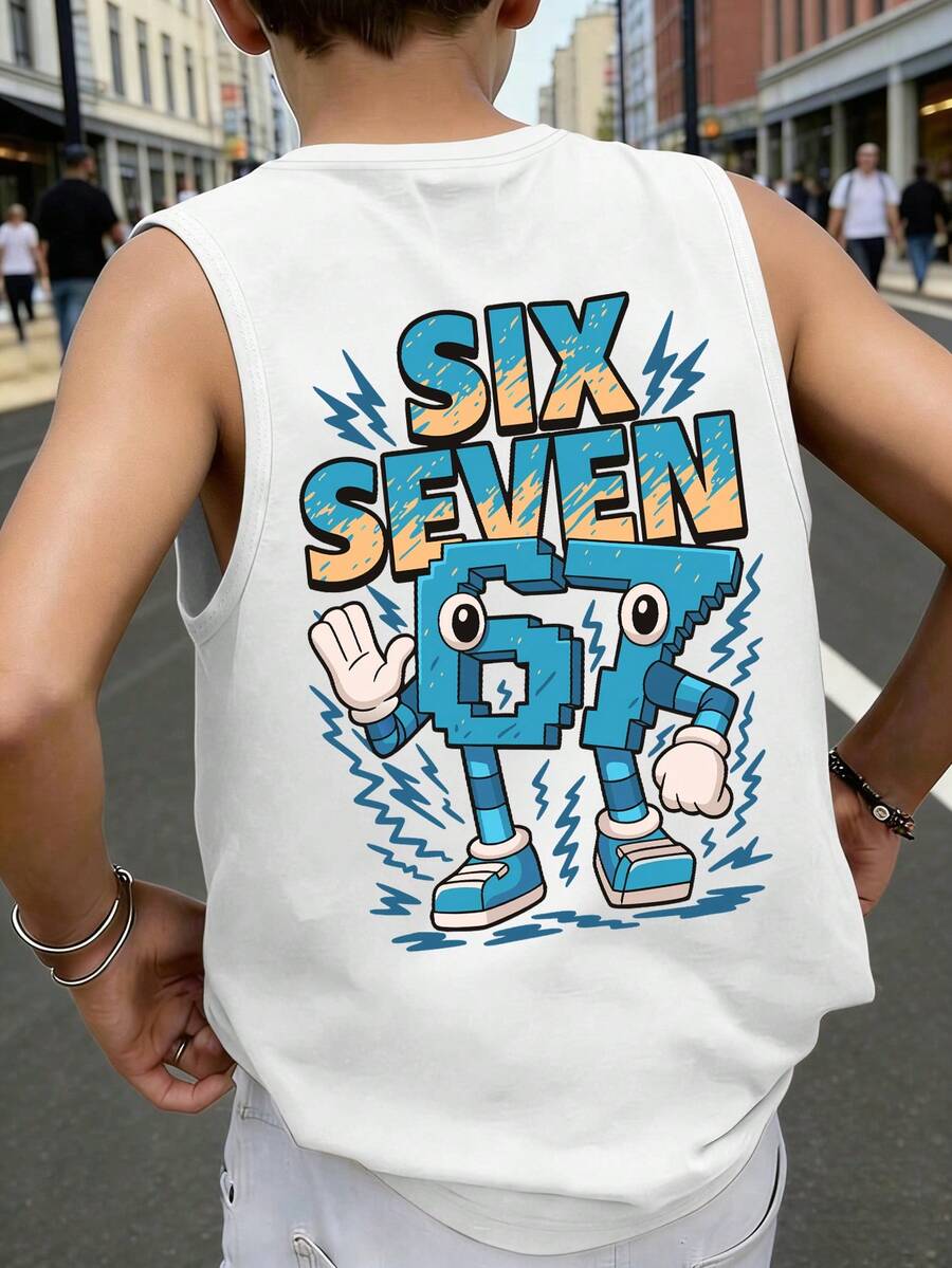 Teen Boys' Sleeveless Graphic Tank Top With "67" Pixel Cartoon Number Print, "SIX SEVEN" Slogan, And Lightning Graffiti Accents, Casual Loose Fit, Suitable For Back To School, Gaming Gatherings, Everyday Casual Wear, Summer - White - View 1