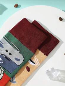 1 Pair Men's Crew Socks With Creative Coffee Themed Asymmetric Pattern Design, Fashionable And Personalized, Breathable And Moisture-Wicking, Suitable For Casual, Sports And Daily Wear In Spring, Summer And Autumn - Multicolor - View 4