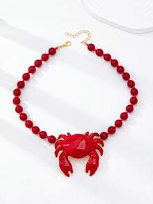 1pc Red Beaded Crab & Fish Pendant Necklace - Bold Ocean Style Statement Necklace With Marine Life Pendant - Beach Vacation Jewelry For Women - Multicolor - View 8
