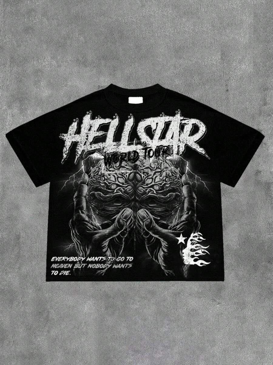Hellstars World Tour Brain Hands Y2K Graphic T-Shirt,220g 100% Cotton,Round Neck Short Sleeve,Black Streetwear Essential For Summer Going Out,Unisex Style - Black - View 1