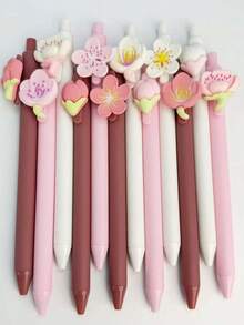 2/6支装 3D可爱花朵黑色中性笔，樱花/桃花笔，创意可爱高品质学生圆珠笔 - 花朵 - 查看 3