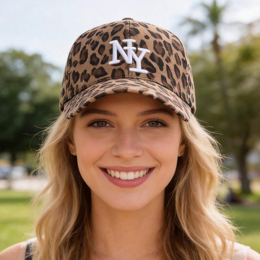 1 pieza Gorra de béisbol con visera ancha estilo retro y desgastada, con estampado de leopardo y letras de Nueva York, estilo callejero elegante, adecuada para primavera, otoño, viajes, playa - Multicolor - Ver 1