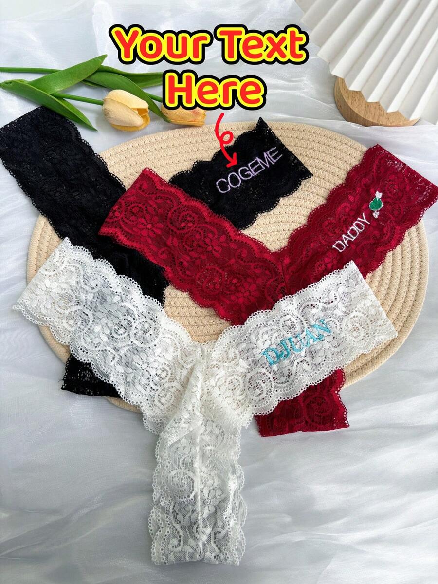 1 buc chiloți tanga cu text personalizat, brodați cu nume, text, literă, număr pe talia stângă, lenjerie intimă sexy din dantelă pentru femei, chiloți tanga cu text personalizat cu nume, cadou pentru soție, prietenă, iubită, cea mai bună prietenă de Ziua Îndrăgostiților, Crăciun, Halloween, Ziua Recunoștinței, ziua de naștere, aniversare