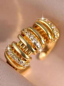 1pc Creative Multi-Level Lines Gold Plated Openable Rings Old Money Style Cubic Zirconia Women Ring For Birthday Festival Mother's Day Anniversary Gifts Copper Jewelry - Yellow Gold - View 10