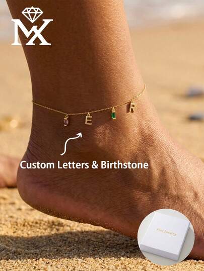 Tobillera personalizada con inicial y piedra natal para mujer, pulsera de tobillo personalizada con letra, joyería de gema baguette, regalo para ella