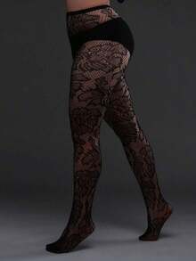 1pc Plus Size Jacquard Fishnet Stockings, Floral Hollow Out Leggings, & Fashionable, Suitable Party, Home, Office, Halloween, Y2K, Gothic Style, Back To School - 黑色 - 查看 3