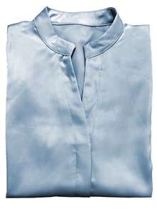 欧美简约纯色通勤衬衫，缎面领设计，长袖修身优雅上衣，春季款 - 淺藍色 - 查看 4