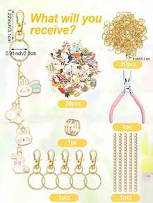 60/120件复活节钥匙扣制作套装，包含彩色合金吊坠（含彩蛋和兔子元素）、钥匙扣、细链和工艺钳，可用于DIY包包链和钥匙扣装饰 - 彩色 - 查看 10