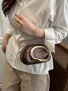 2026 Fashionable Luxury Shiny Clutch Bag With Crossbody Strap, Featuring Gold-Tone Hardware And Bean Bag Design, Ideal For Women's Daily Dates, Vacations, Galas And Weddings, Also An Excellent Gift Choice For Holidays - Coffee - View 4