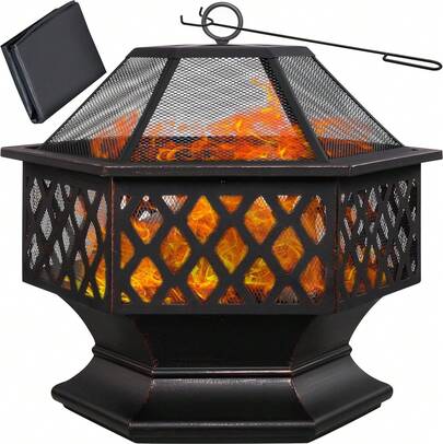 Braciere esagonale 70x60,5 cm in acciaio - Braciere da giardino con parascintille e attizzatoio