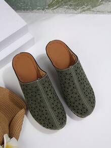 Women's Fashion Mule Shoes: Chunky Heel Design, Casual Wear With Jeans/Skirts, Elegant Bohemian Buckle Decor - Olive Green - View 6