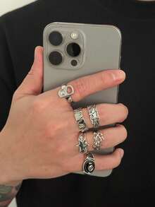 6件套朋克风星形戒指套装，男士日常休闲佩戴 - 復古銀色 - 查看 3