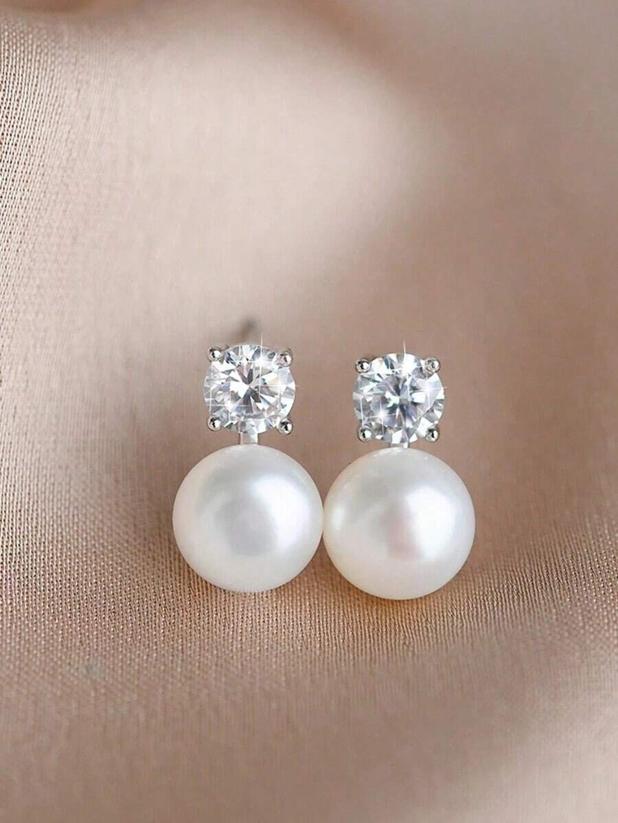 1pair Classic French Retro Faux Pearl & Cubic Zirconia Stud Earrings, Luxurious Unique High-End Earrings For Women's Wedding And Banquet.Valentine's Day Accessories - 銀色 - 查看 1