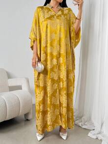 女士花卉图案V领蝙蝠袖阿拉伯风格连衣裙 - 金色 - 查看 4