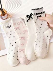 4双随机粉色蝴蝶结中筒袜，休闲日常穿着及礼品 - 彩色 - 查看 1