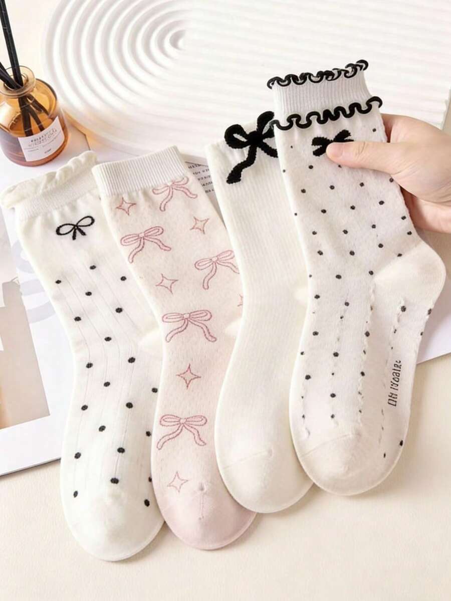 4双随机粉色蝴蝶结中筒袜，休闲日常穿着及礼品 - 彩色 - 查看 1