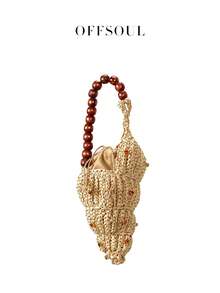 新款贝壳编织女包，手工编织，饰以木珠，个性化沙滩旅行手提包，度假风 - 米色 - 查看 2